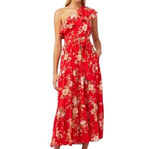 Anthropologie Yumi Kim Red Flirty Floral Malia One Shoulder Ruffle Maxi Dress, S